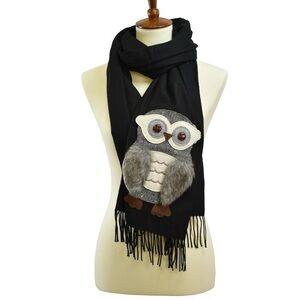 Fur owl patch tassel fringe scarf